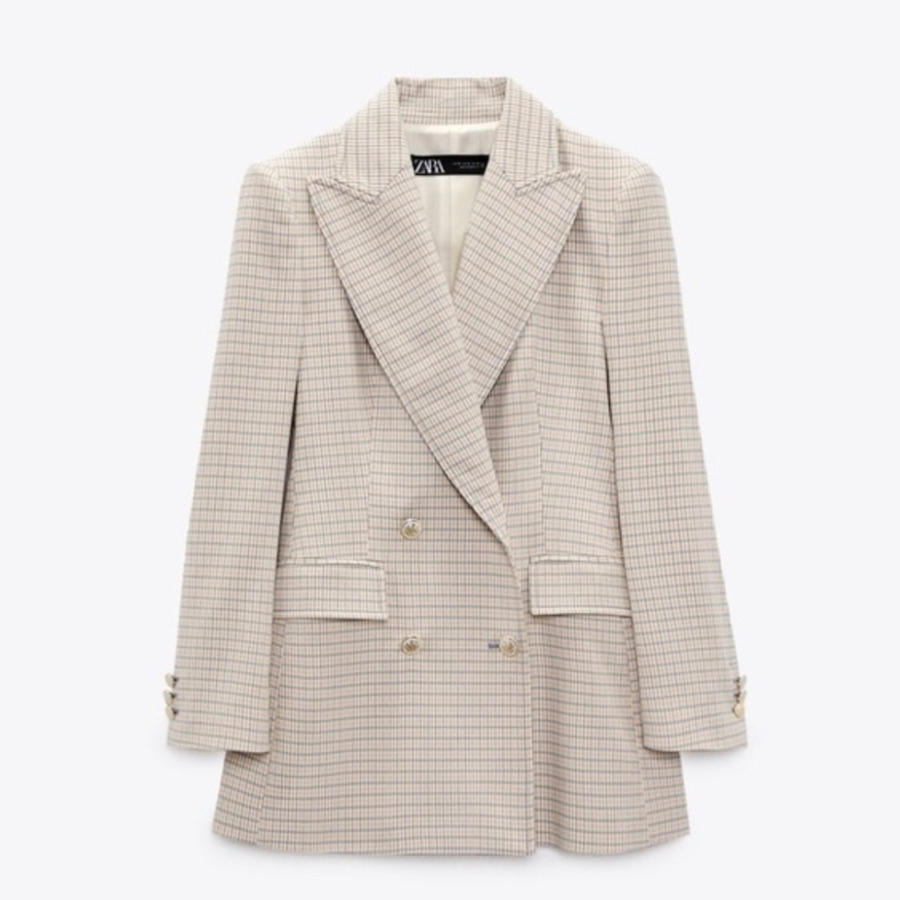 Zara Neutral Plaid Double Breasted Blazer Sz S Ivory Beige Gold Enamel Buttons